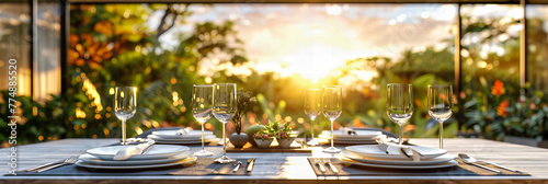 Elegant Dinner Table Setting, Romantic and Luxurious Decor, Wine Glasses and Napkins, Celebration Ambiance © MDRAKIBUL