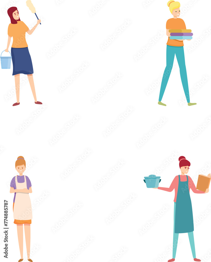 Woman housewife icons set cartoon vector. Modern housewife does housework. Housekeeping concept