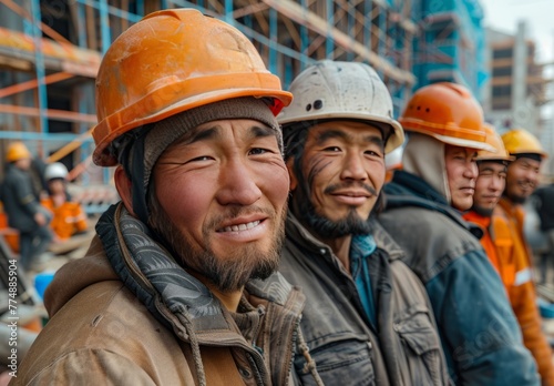 Smiling Kazakh Construction Workers: Portrait of Immigrant Labor © Mike