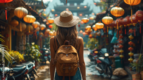 A girl with a backpack and a hat walks through the streets of Asia © Ольга Дорофеева