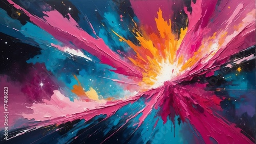 energy explosion pink theme space cosmos with stars oil pallet knife paint painting on canvas with large brush strokes modern art illustration abstract from Generative AI
