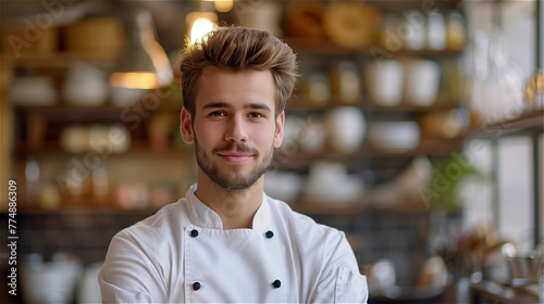 Handsome young chef with kitchen background
