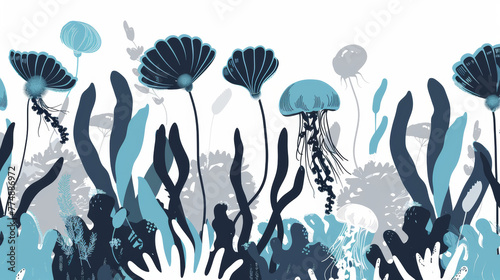 Minimalistic abstract with flat sea flowers, corals and jellyfish