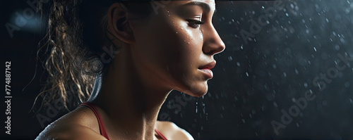 Sweating sport woman dark background. Young fitness girl in rain at night city background.