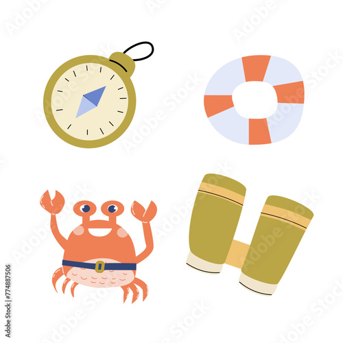 Set of hand drawn nutical travel icons crab, compas, binoculars and lifebuoy. Vector illustration in golden and red colors, childish cute sea elements. Can used for banner, poster, cards.  photo