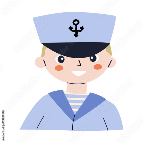 Cute smiling little boy character wearing a sailors costume. Vector illustration of portrait of small boy captain or sailor. Can used for baby shower nautical design, greeting card, invitation, poster