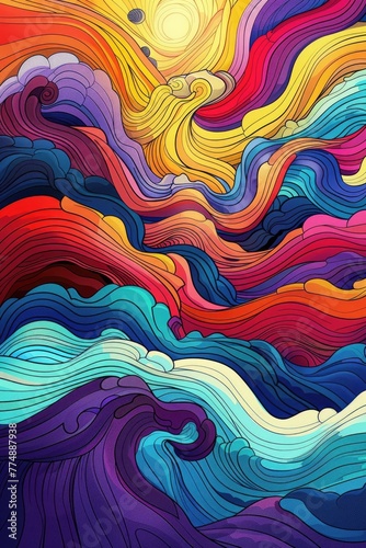 Ocean Waves, lines, a whole comic style, colorful psychedelia, illustration made with Generative Ai