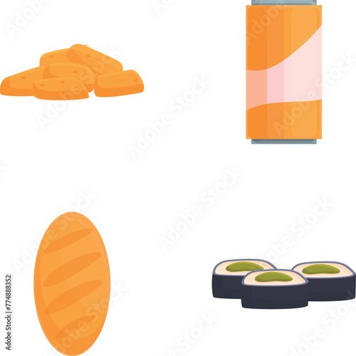 Food icons set cartoon vector. Seafood, bread, dessert and drink. Nutrition, various food