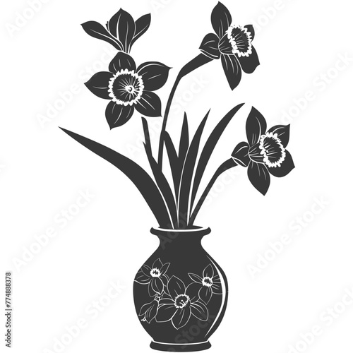 Silhouette daffodil flower in the vase black color only