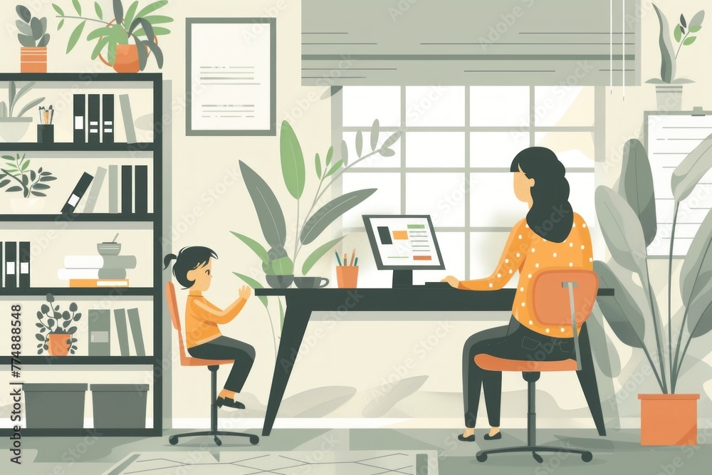 Minimalist Flat Illustration of Calm Woman Working from Home with Son