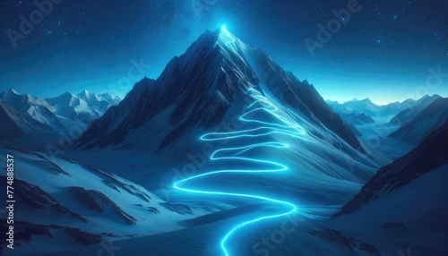 Striking image of a mountain peak with a glowing winding path leading to a flag at the summit, captured at twilight.