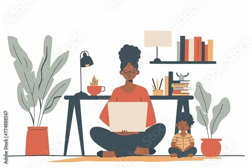 Minimalist Flat Illustration of Calm Woman Working from Home with Son