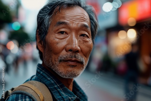Portrait of a senior Asian man in the streets of Hong Kong. © Iigo