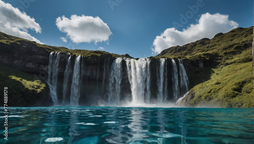 A towering waterfall plunging into a crystal-clear pool below.