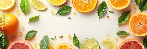 Vivid citrus fruits background, top view on white, photorealistic stock photo with text space
