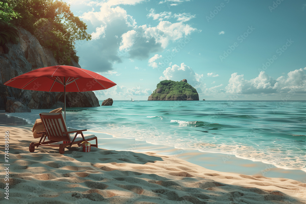 Tropical beach with sunbathing accessories, summer holiday background 
