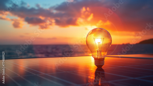 Solar energy panels in light bulb at sunset. The concept of sustainable resources. 