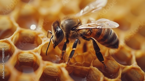 A bee on a honeycomb background. Horizontal close up photo with a bee and honey minimalism. © Ekaterina Chemakina