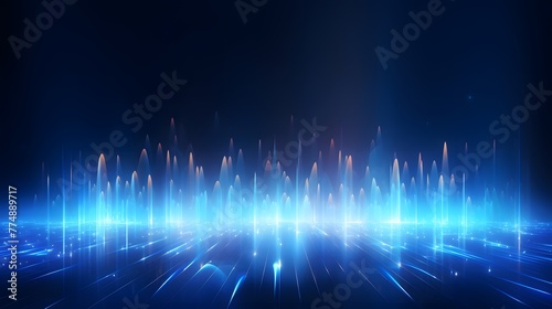 Blue glowing light rays background with energy lines and sound waves on a dark blue background, in the style of AI technology concept. For Design, Background, Cover, Poster, Banner, PPT, KV design, Wa