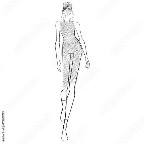 Fashion Illustration on a white background. Woman in outfit from famous designer. Sketch for coloring. 
