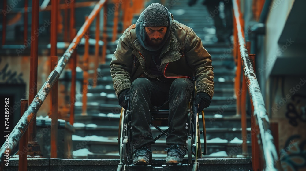 Adaptive Mobility: Man on Crutches or in a Wheelchair Adaptive Mobility: Man on Crutches or in a Wheelchair