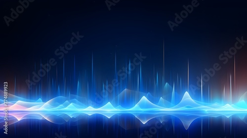 Blue glowing light rays background with energy lines and sound waves on a dark blue background, in the style of AI technology concept. For Design, Background, Cover, Poster, Banner, PPT, KV design, Wa