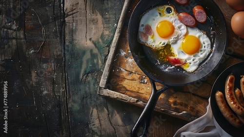 Generative AI : Fried eggs in a small pan with minced pork and sausages serving on wood tray - Flat lay food of Thai Breakfast called Kai Kata