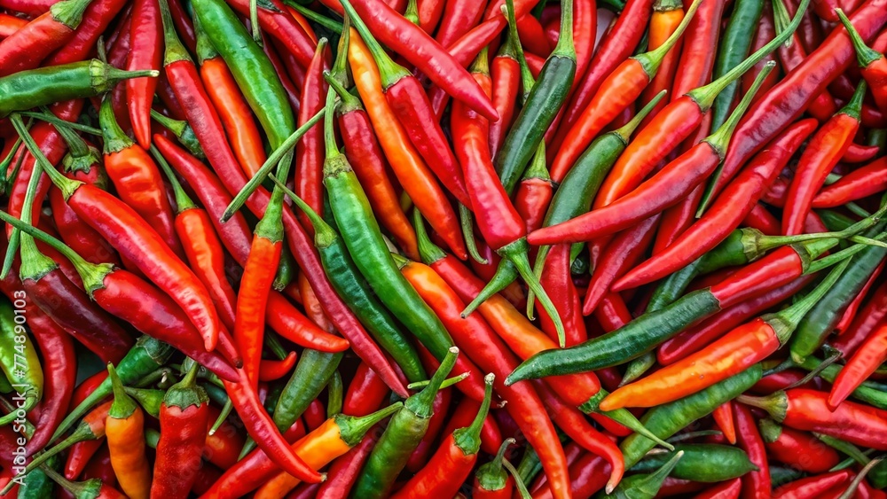 Fresh red and green chillies at the market top view Fresh red and green chillies at the market top view
