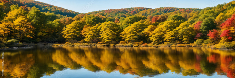 Colorful palette of autumn, focusing on a tranquil lake reflecting the vibrant foliage Colorful palette of autumn, focusing on a tranquil lake reflecting the vibrant foliage