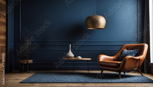 A blue room with a brown leather chair and wood table