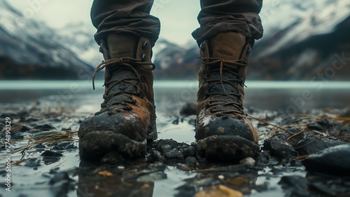 Muddy hiking boots close-up with mountain lake photo