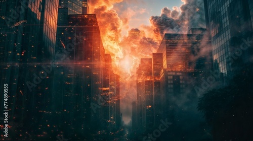 Cityscape with burning buildings and skyscrapers.