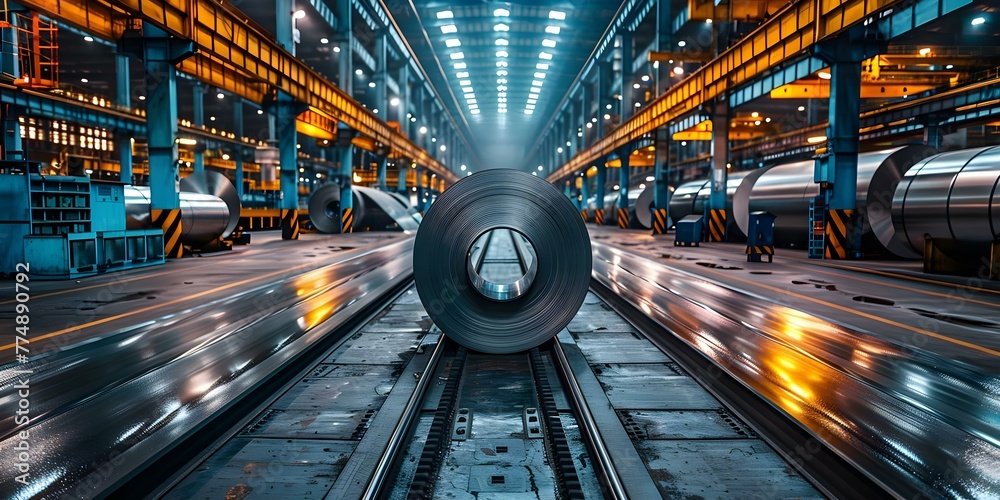 Steel sheet roll in factory warehouse product of hot rolled strip steel mill. Concept Steel industry, Factory production, Warehouse storage, Hot rolling process, Metal manufacturing - obrazy, fototapety, plakaty 