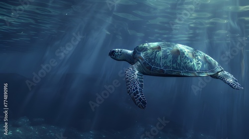 Graceful sea turtle navigating through ocean depths ai image