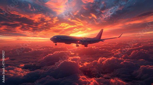 Airplane in the sky over the city at sunset