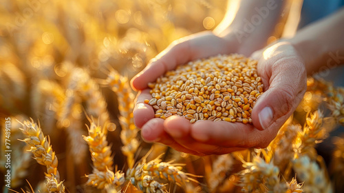 Farmer holding handful of wheat grains in hand, closeup view photo