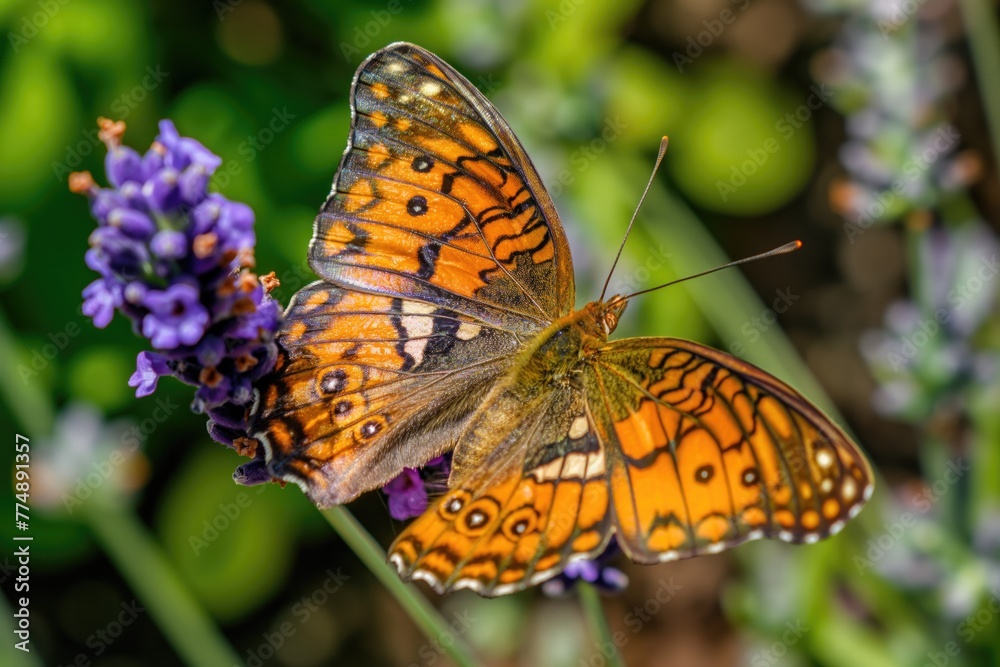 Obraz premium American Painted Lady Butterfly on Lavender, Macro Nature Shot