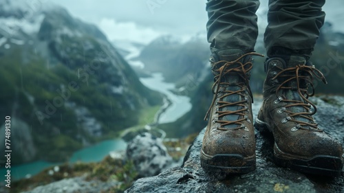 Drenched hiking boots on rocky ledge with river view photo
