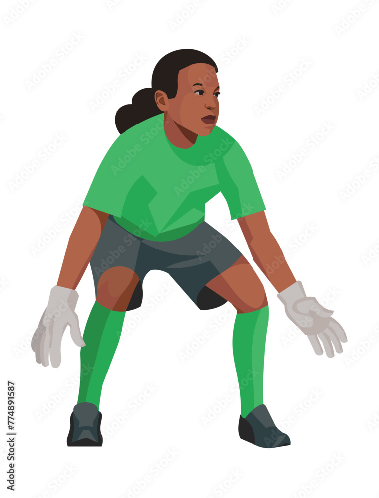 Black junior women's football goalkeeper stands in front of the goal, legs bent, waiting for the ball Black junior women's football goalkeeper stands in front of the goal, legs bent, waiting for the ball