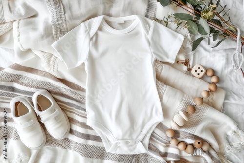 Top view of white blank t shirt baby body suit mockup, boho style, soft blanket