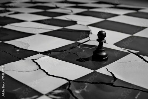 Black Pawn Standing Alone on Broken Chess Surface, Survival Challenge Concept