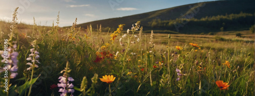 A tranquil meadow filled with wildflowers swaying in the breeze.