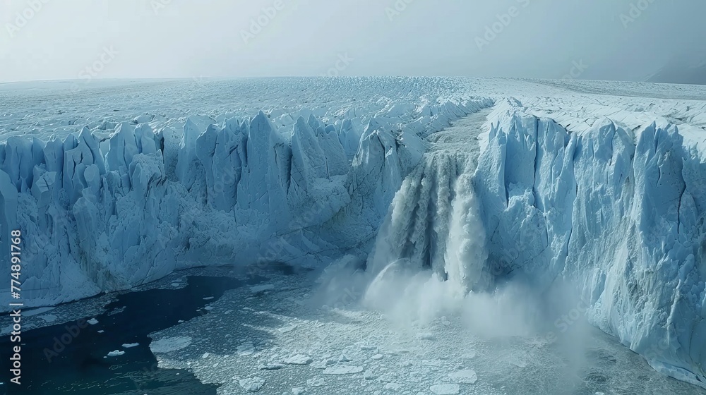 Environmental Crisis: Melting Glacier with Water Cascades