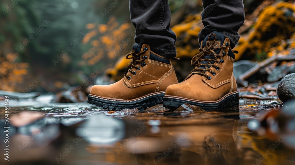 Hiking boots stepping in a stream Hiking boots stepping in a stream