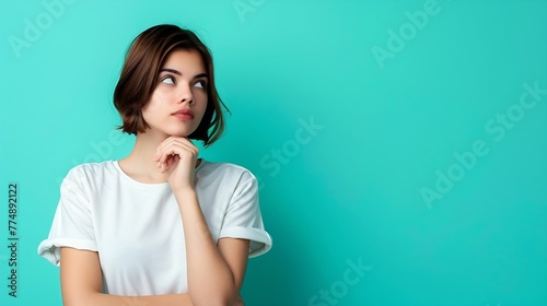 Generative AI : Close up photo of adorable young woman arm touch chin look empty space wear trendy smart casual clothes photo