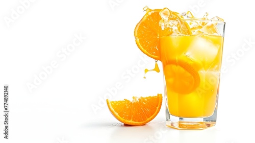 Generative AI : Glass of 100% Orange juice with sacs and sliced fruits isolate on white background. photo