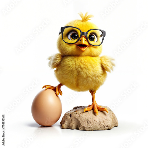 A 3d render illustration of a cute adorable cartoon character youthful yellow chick with sunglasses, nonchalantly leaning against an egg with one leg, on white backdrop