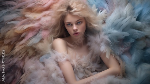 Beautiful blonde-haired model wearing a dress with large angel wings made of feathers photo