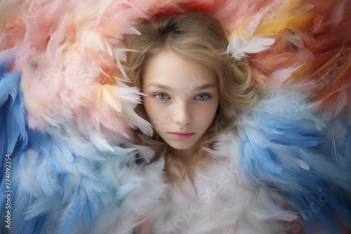 Angelic girl wearing colorful feathered wings photo