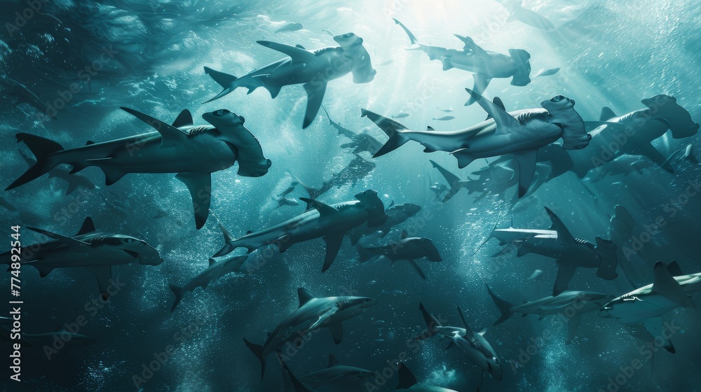 Graceful hammerhead shark school in crystal clear ocean  iconic deep sea beauties - obrazy, fototapety, plakaty 